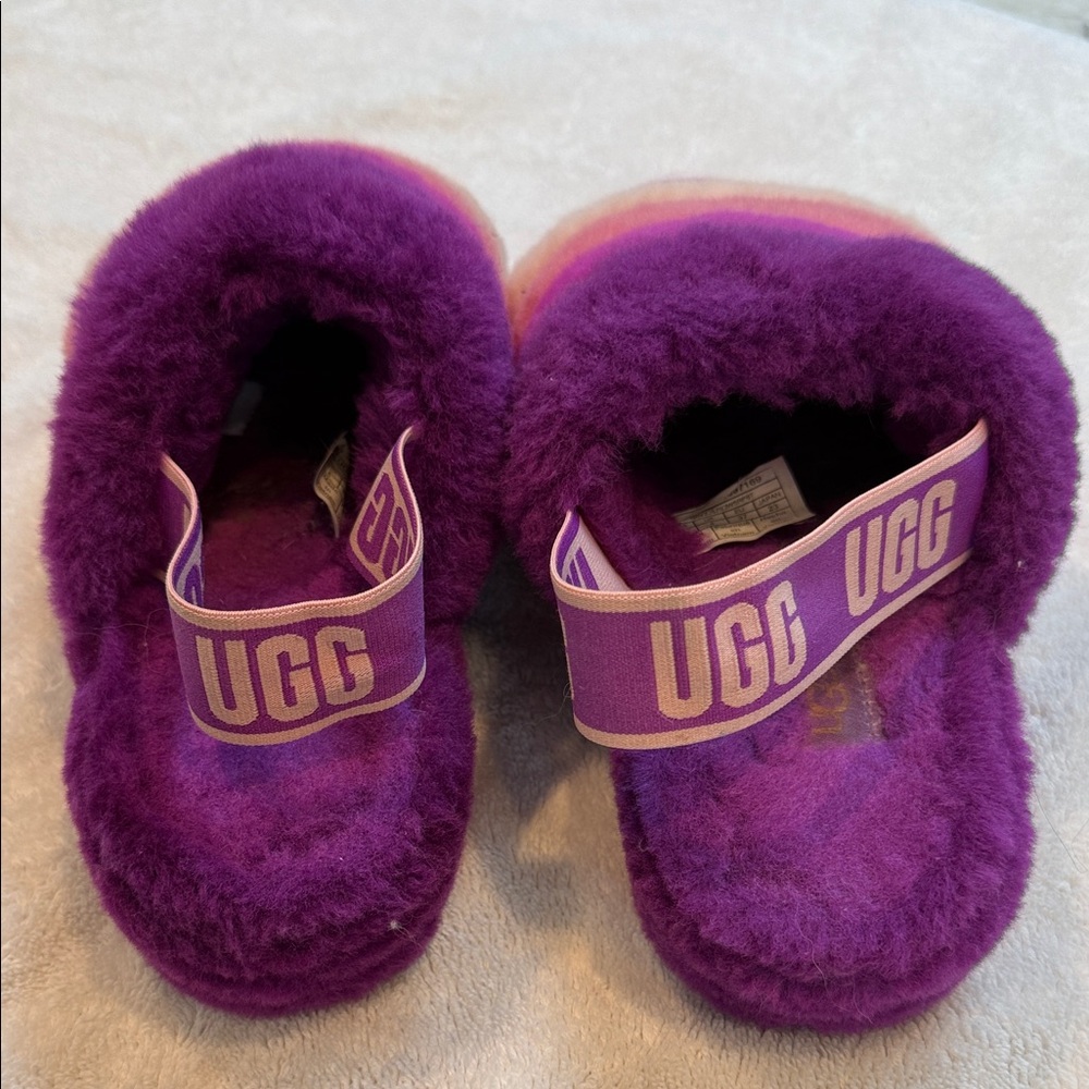 UGG Purple Pink Cream Striped Fluffy Slide Slippers - Picture 2 of 5